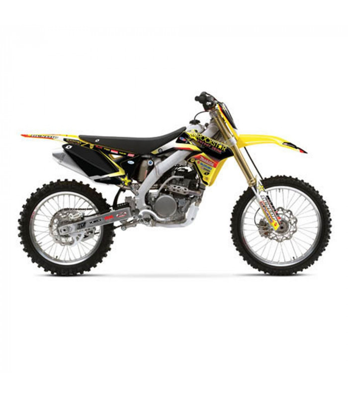 KIT ADHESIVOS ONE INDUSTRIES ROCKSTAR-MAKITA + FUNDA ASIENTO SUZUKI RM-Z 250 (2010)