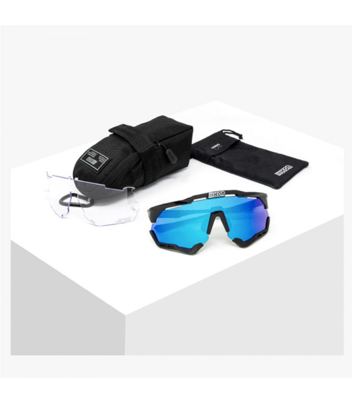 SCICON AEROSHADE XL CARBON MATT SUNGLASSES (MULTIMIRROR BLUE LENSES)