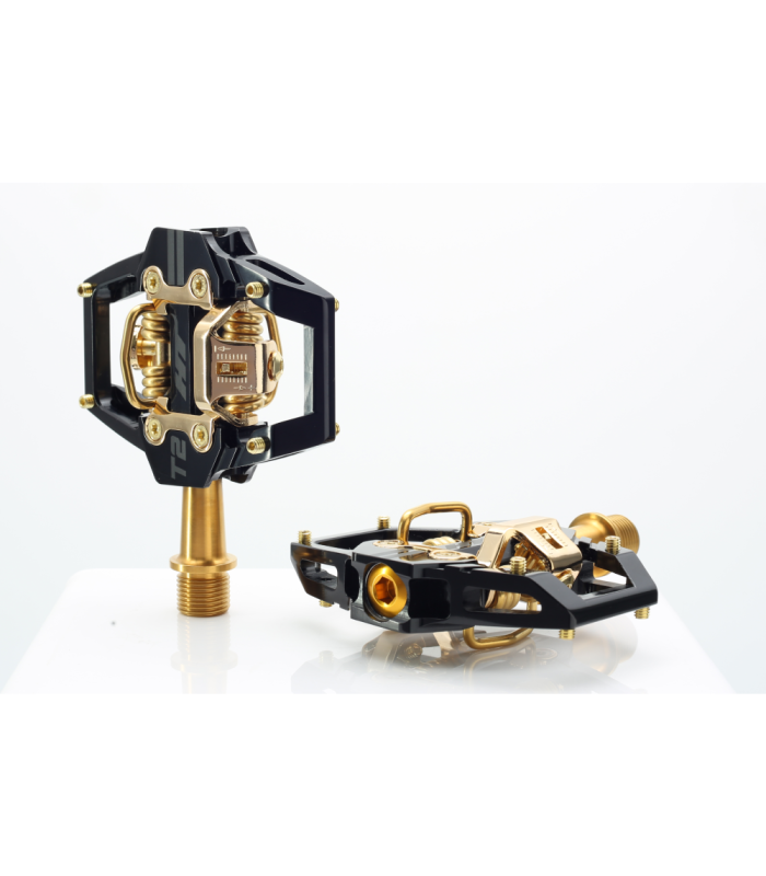 HT T2 TITANIUM SPINDLE LIMITED EDITION ENDURO PEDALS (STEALTH BLACK/GOLD MECHANISM)