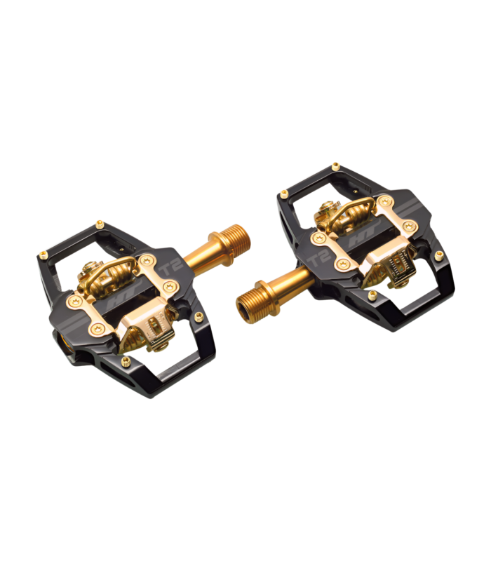 HT T2 TITANIUM SPINDLE LIMITED EDITION ENDURO PEDALS (STEALTH BLACK/GOLD MECHANISM)