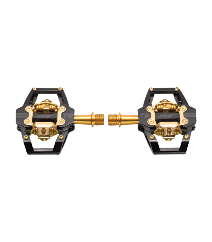 HT T2 TITANIUM SPINDLE LIMITED EDITION ENDURO PEDALS (STEALTH BLACK/GOLD MECHANISM)