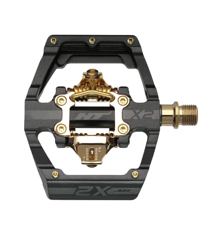 PEDALES BMX HT X2-SX LIMITED EDITION (STEALTH BLACK/MECANISMO DORADO)